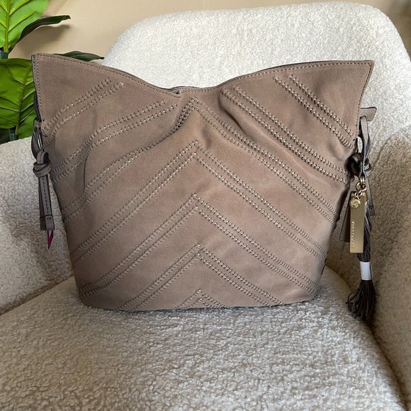 VINCE CAMUTO NELLA Hobo Shoulder Bag MINK Taupe Suede Leather Bag NWT - Picture 1 of 10